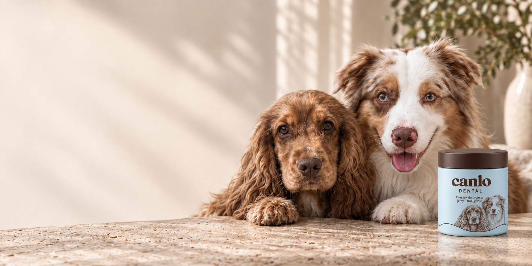 Dwa psy — cocker spaniel i owczarek australijski — przy kamiennym blacie